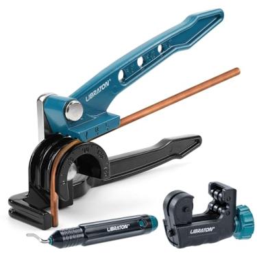 Imagem de LIBRATON Dobrador de tubo, dobrador de tubo de cobre de 180 graus, ferramenta de dobra manual 3 em 1, 1/10.2 cm, 5/40.6 cm, 3/20.3 cm, conjunto de dobrador de tubo de cobre com mini cortador de tubo e