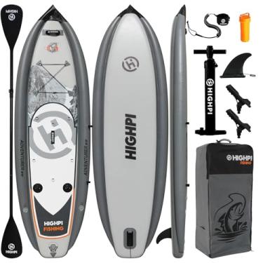 Imagem de Highpi Prancha de Stand Up Paddle Inflável 10'10"/38'' Extra Larga Premium Sup para Pesca com Acessórios E Mochila, 2 Suportes para Vara de Pesca, Deck Antiderrapante, Trela, Remo de Caiaque E Bomba,