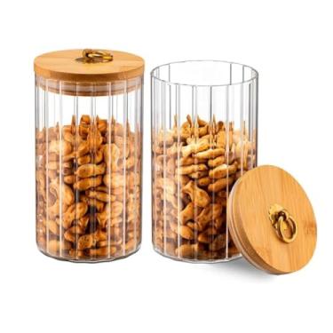 Imagem de Conjunto de 2 Potes de Vidro Canelados, Tampa de Bambu com Argola, Transparente 750ml