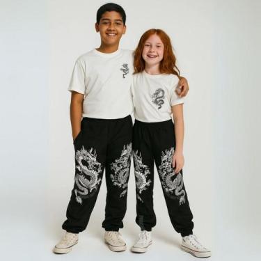 Imagem de Calça Cargo Juvenil Infantil Dragão Preta e Branca com Correntinha e B