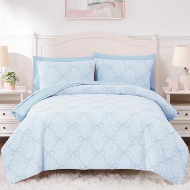 Imagem de Wink Deer Conjunto de edredom casal com lençol para meninas - Jogo de cama casal com edredom azul claro, lençóis, fronhas e fronhas para crianças (diamante azul claro, 193 cm x 218 cm)