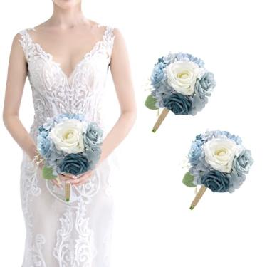 Imagem de Conjunto de buquês artificiais para damas de honra, buquês de rosas de seda de 5 a 17,8 cm para damas de honra, buquê pequeno para casamento, decorações vintage de chá de panela - azul empoeirado