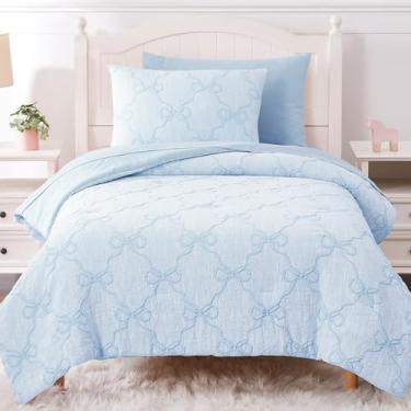 Imagem de Wink Deer Jogo de cama solteiro com lençol de solteiro para meninas - 5 peças com edredom azul claro, lençóis, fronhas e fronhas para crianças (diamante azul claro, 167 cm x 218 cm)