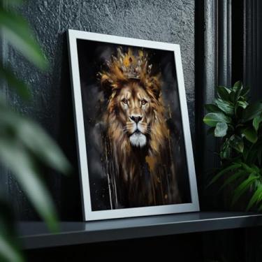 Imagem de Quadro Decorativo Leão Coroa Com Moldura Rei Da Selva Luxo Dourado Arte Impactante Decoração Moderna Sala Quarto Parede