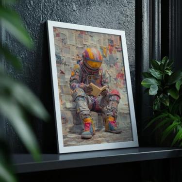 Imagem de Quadro Decorativo Astronauta Leitura Com Moldura - Espaço Viagem Leitor Geek Livros Universo Infantil Juvenil Colorido Divertido