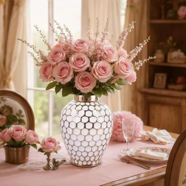 Imagem de Jarra de gengibre de 30 cm, vaso grande de cerâmica branca e dourada com tampa, decoração de casa, martelo moderno de meados do século, vaso de flores decorativo para centros de mesa, casamentos, mesa