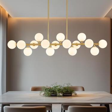 Imagem de PiWWPi Lustre De Latão Dourado 55" Comprimento Para Sala Jantar, Ilha Cozinha, Linear Grande Sputnik Globe, Luminária Mesa Moderna Meados Do Século Com 16 Luzes, Bolha Branca Leitosa, Gc-08