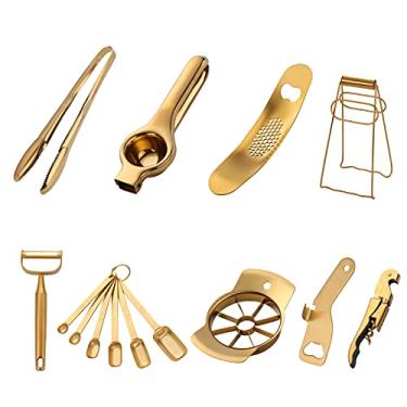 Imagem de Conjunto de acessórios de cozinha dourados, espremedor de alho, abridor de vinho, colheres medidoras, espremedor de limão, descascador de legumes, cortador de maçã, pinças de cozinha, suporte de