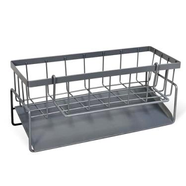 Imagem de AIWIWH Organizador de pia de aço inoxidável com suporte de escova alto, suporte de esponja para pia, organizador de dispensador de sabão de bancada de cozinha (cinza, escorredor + mastro)