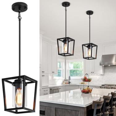 Imagem de TOULMJ Pacote Com 2 Luzes Pendentes Pretas Para Ilha De Cozinha, Luminárias Pendentes De Lanterna Moderna, Iluminação De Ilha De Fazenda De 1 Luz, Luz Suspensa De Metal Para Corredor, Entrada, Hall