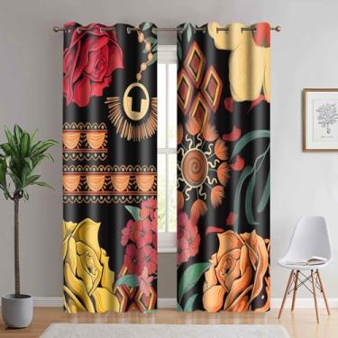 Imagem de MIZSYE Cortinas pretas boho florais vintage coloridas rosa blackout para quarto, sala de estar, impressão botânica, cortinas térmicas à prova de som, 203 cm de comprimento, conjunto de 2 painéis 132