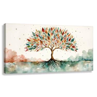 Imagem de Árvore da Vida Arte de Parede Impressão em Tela Harmonia da Vida Decoração Fotos Pintura com Raízes de Árvore Estrelas Rosa Verde 40x20cmx1