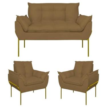Imagem de Kit 2 Poltronas + Namoradeira Pé Metal Dourado Recepção Sala Cor:capuccino