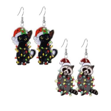 Imagem de coadipress 2 pares de brincos de Natal para mulheres, fofo, acrílico, árvore de Natal, gato, galinha, flamingo, animal, arco, sino, lâmpada, brincos pendurados, acessórios para brincos de Natal