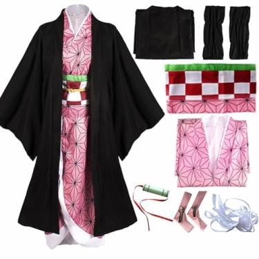 Imagem de Kamado Nezuko Fantasia feminina anime cosplay quimono conjunto completo com roupa de cabelo e bocal dois estilos (adulto, G)