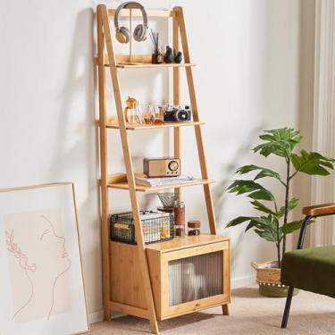 Imagem de briteman Estante de bambu de 5 camadas com armário de armazenamento, estante moderna de meados do século, móveis rústicos, prateleira de exibição aberta para quarto, sala de estar, escritório, natural