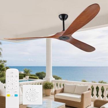 Imagem de Ceversa Ventilador de teto externo de 182 cm sem luz, ventiladores de teto de madeira maciça sem luzes com controle remoto/interruptor de controle de parede, hélice grande de 3 lâminas de nogueira