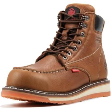 Imagem de SUREWAY Botas de trabalho masculinas resistentes, macias/compostas/biqueira de aço, confortáveis, GoodyearWelt, couro de flor integral, botas de construção moc toe de 15 cm, Marrom, 44