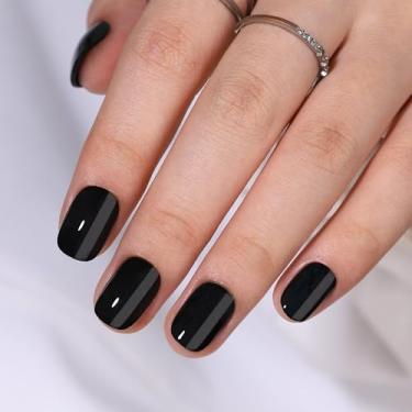 Imagem de Pregos curtos pretos – RTKHFZE unhas macias de gel prensado nas unhas curtas quadradas com cola, ajuste perfeito, unhas reutilizáveis em 16 tamanhos – Kit de 32 peças de unhas postiças