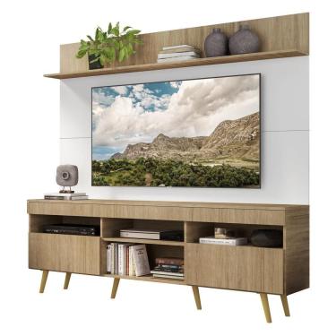 Imagem de Rack Retrô Com Painel E Suporte Tv 65" Madri Multimóveis V3374 Rustic/Branco/Natural