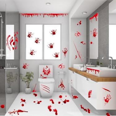 Imagem de 136Pcs Halloween Decorations Indoor, Scary Bloody Handprints Wall Decals Pumpkin Eyeballs Skull Window Stickers with Tattoos for Home Bedroom Floor Bathroom Door Decor (Red Handprints Footprints)
