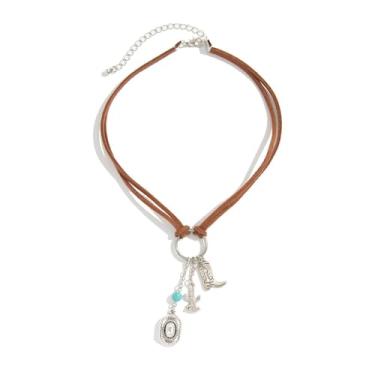 Imagem de Colares femininos boho ocidentais com pingente de bota de couro marrom, cowgirl, vintage, chapéu de caubói, colares em camadas para mulheres, Large, Liga de aço, Sem Pedra Preciosa