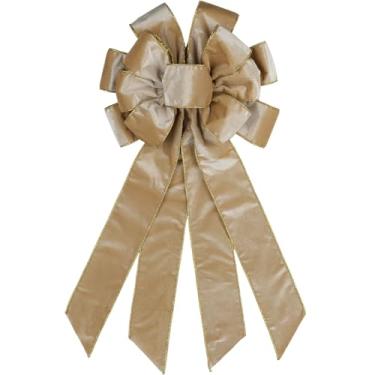 Imagem de YKW Grande laço de Natal de veludo dourado 53 cm x 29 cm com borda metálica - laço de guirlanda de férias premium para porta da frente, topo de árvore, decorações elegantes de Natal