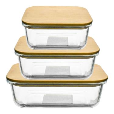 Imagem de Jogo de Potes Herméticos em Vidro Retangular Tampa em Bambu 3 peças - Vista Home