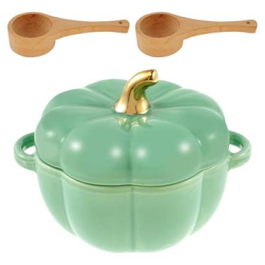 Imagem de Conjunto de tigela de abóbora com tampa e alça, ramequins de abóbora, tigela de cerâmica de 400 ml, prato de abóbora seguro para micro-ondas, panela decorativa de abóbora para salada de sobremesa