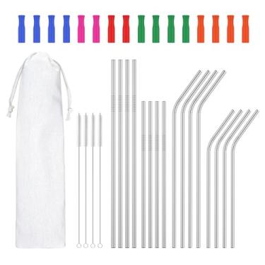 Imagem de 16 canudos de aço inoxidável reutilizáveis canudos curvos e retos canudos longos para beber canudos curtos com pontas de silicone saco de armazenamento de escova de palha para canecas copos copos