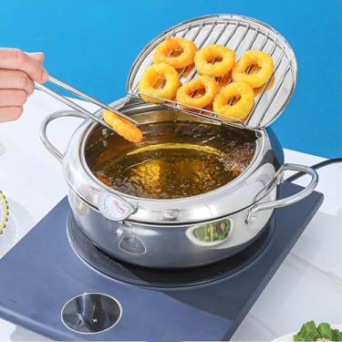 Imagem de DJAPWPX Frigideira com cesta de filtro e termômetro panela de fritura de aço inoxidável com alça 3 tamanhos de óleo mini fritadeira recipiente de óleo para fritar peixe camarão frango (21 cm), prata