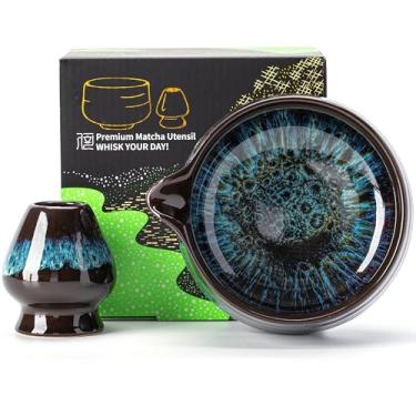 Imagem de TEANAGOO 2 peças de tigela matcha com bico, conjunto de tigelas matcha de cerâmica de 510 ml e suporte de batedor, Matcha Chawan azul com suporte, tigela de mistura de chá verde, presente para amigos