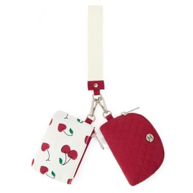 Imagem de Telena Mini carteira feminina com zíper ao redor da pulseira, porta-moedas, porta-moedas, porta-chaves, bolsa dupla, Vermelho com branco