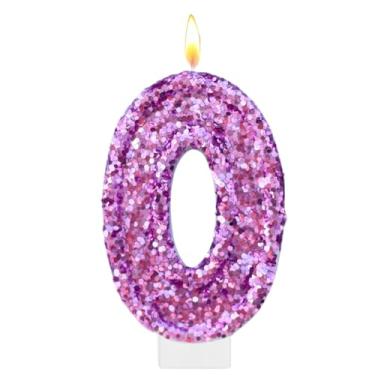 Imagem de Velas roxas de aniversário, número 0 para bolo, topo de bolo roxo com glitter, decorações de festa de aniversário de princesa, enfeite de cupcake, lembrancinhas de festa, suprimentos de decoração