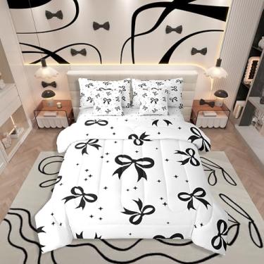 Imagem de Erosebridal Conjunto de cama feminino de 7 peças com laço preto, cama de estrelas de desenho animado em uma bolsa, conjunto de cama estilo princesa inclui edredom, conjunto de lençóis, fronhas e