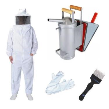 Imagem de Kit Apicultura Roupa Macacão Brim Grosso + Luvas + Fumigador + Garfo -