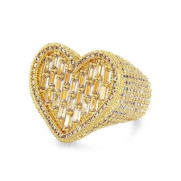 Imagem de Iced Out Baguette Cz Diamond Heart Ring Jewelry, All Match Bling Delicado Ouro Delicado Anel Pinky Party Rose Gold Love Girl Women Luxury Gift, Prata esterlina, latão, Moissanite