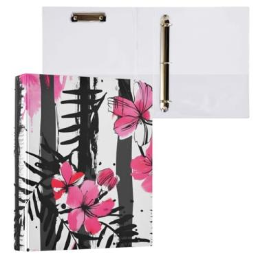 Imagem de Fichário de 3 anéis, listras, preto, branco, flor rosa tropical, fichários de 3,8 cm, fichários de três anéis com prancheta, serve para papel de 21 x 28 cm, 3 bolsos internos de PVC transparentes para