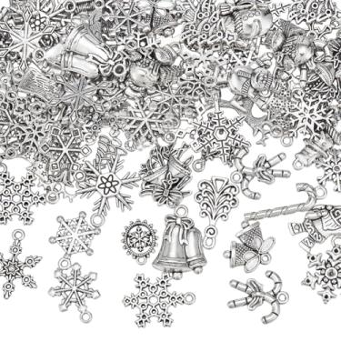 Imagem de UNICRAFTALE Amuletos de Natal mistos de 80 peças, estilo tibetano, flocos de neve, cervo, sino, pingente de árvore de Natal, prata antiga, pingentes de boneco de neve de metal para decoração de joias