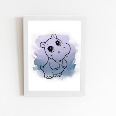 Imagem de Hipopótamo Desenho Aquarela Quadro Moldura Branca 60X40Cm