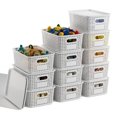 Imagem de BOBIBOSS Cestas de armazenamento de plástico branco com tampas, pacote com 12, recipientes empilháveis para organização de prateleiras, lindas caixas de armazenamento decorativas para sala de aula