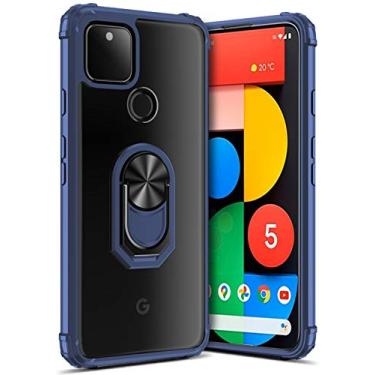 Imagem de Capa com suporte GREATRULY para Google Pixel 5 (2020), capa transparente com proteção contra quedas Pixel 5, capa fina para celular, bumper macio + parte traseira rígida + suporte de anel para carro magnético, azul