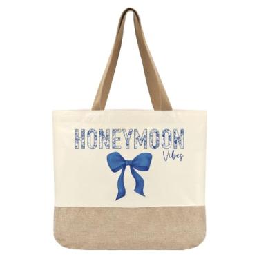 Imagem de Bolsa de lona para presentes de noiva, presente de chá de panela, presente de despedida de solteira para noiva, presente de casamento para esposa, laço azul, lua de mel, bolsa reutilizável para