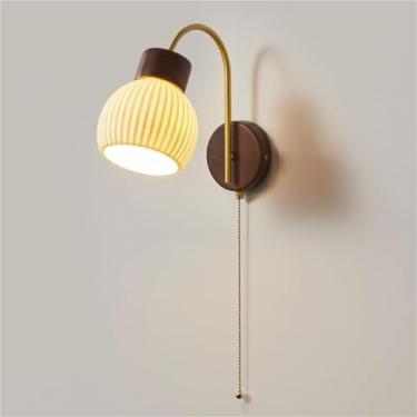 Imagem de Luminária de parede de cerâmica com interruptor de cordão, abajur de cabeceira interno, luminária de parede de nogueira, braço de cobre com pescoço de ganso, estilo fazenda, para sala de est