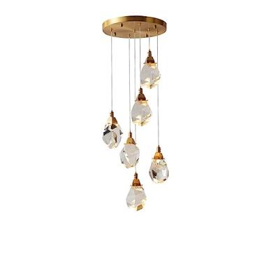 Imagem de Lustre de cristal LED de 6 luzes para hall de entrada, lustres longos modernos dourados para tetos altos, luminária pendente de meados do século, luminária suspensa para cozinha, escada, ilh
