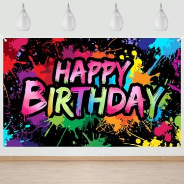 Imagem de Avezano Banner Neon Happy Birthday Graffiti Happy Birthday Decorações de fundo para festa que brilha no escuro fundo colorido grafite respingo tinta suprimentos (1,8 x 1,1 m)