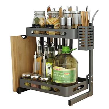Imagem de Escorredor de pratos de aço inoxidável, bancada, cozinha, preto, aço inoxidável, 2 camadas, suporte para temperos, gaiola, faca, tábua, tempero, garrafa, armazenamento