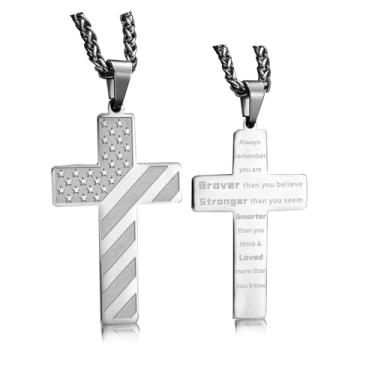 Imagem de Woyuosn Colar de cruz masculino de aço inoxidável, corrente com pingente de bandeira americana com versículo da Bíblia, joias religiosas, presentes para meninos, crianças e homens, Aço inoxidável, Sem