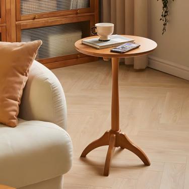 Imagem de Cttasty Mesa lateral redonda pequena, mesa de canto de madeira maciça com altura ajustável, mesa de centro portátil, mesa de cabeceira, 40 cm de diâmetro x 60 cm A, (natural)