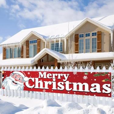 Imagem de Saoplasa Banner de Natal 395 x 50 cm, cenário de Feliz Natal, decoração de parede com rosto de Papai Noel, fundo vermelho, floco de neve, para decoração de festas internas e externas